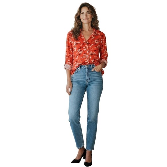 LOFT Tops - LOFT Red Horse Print 100% Cotton  Button Down Shirt Size M Long Sleeve